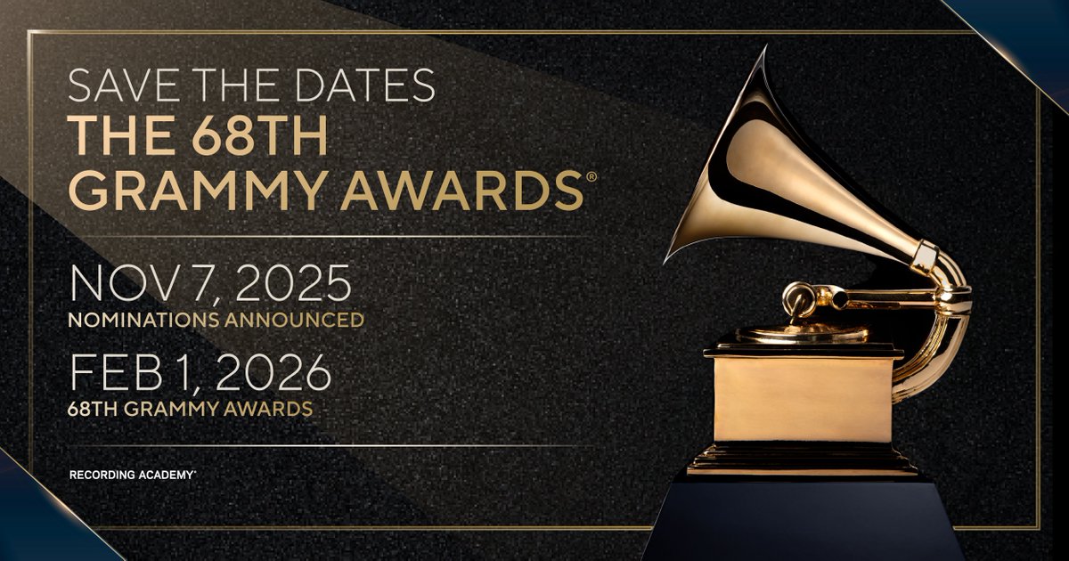 RecordingAcad's tweet image. 🗓️ Mark your calendars!
The road to Music’s Biggest Night is officially underway.
🎤 Nov. 7, 2025 — Nominees Announced for the 68th #GRAMMYs
🏆 Feb. 1, 2026 — The 68th GRAMMY Awards.
Learn more about the eligibility period, online entry process, and voting dates:…