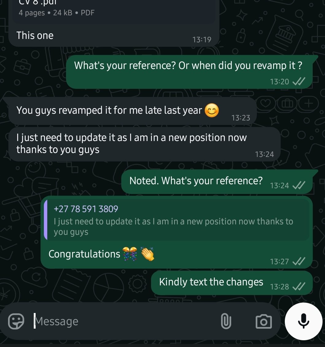 DocHub_Agency's tweet photo. 📄 Revamp Your CV &amp; LinkedIn-Special 📄

▪️Modern CV (ATS-Friendly) from: R100
▪️Tailored Cover Letter: R50
▪️LinkedIn Profiinle Optimization

Whatsapp link: https://t.co/bJJE9hF4Hk /069 771 0718

Mary Phadi Capitec Travis Scott Waka Waka Rachel Kunutu #FlyDad #FathersDay https://t.co/2cCsyB1BUP