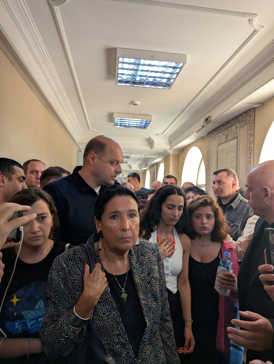 The verdict is in. Georgian Judge Nino Galustashvili just sentenced a 21-year-old boy Mate Devidze to 4,5 years in jail, for flinging a stick while fleeing the police during crackdowns. Here, President Zourabichvilli and others are asked to exit the building.