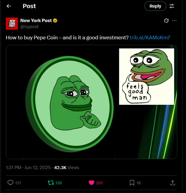 y00thereum's tweet photo. New York Post is soft shilling $PEPE 🐸💹 https://t.co/Cm2ew6yAl3