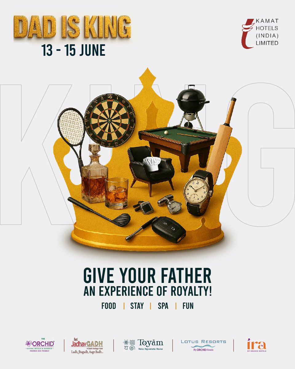 Come, treat Dad to the royal experience he deserves—spa bliss, gourmet delights &amp; luxurious stays. 💆‍♂️🍽️👑

The Kingly Experience | 13–15 June

Only at #KHIL 
#TheOrchidHotels #EcoFriendlyLuxury #OrchidExperience
#HospitalityWithHeart #EcoLuxuryStay #KamatKhandan
#OrchidCelebrates