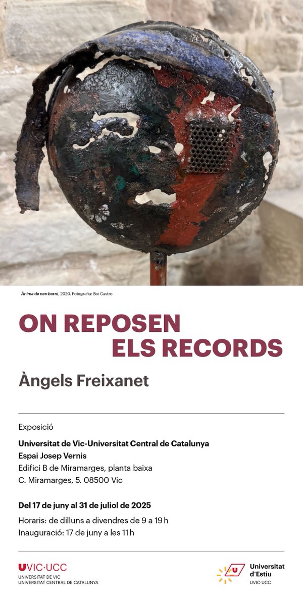 ✨ No us perdeu l’exposició “On Reposen els records” de l’escultora manresana Àngels Freixanet

👉Inauguració el 17 de juny a les 11h
📅Del 17 de juny al 31 de juliol
📍Espai Josep Vernis

Us hi esperem!
🔗mon.uvic.cat/uviclife/desco…

#UVICUCC #Art #Cultura