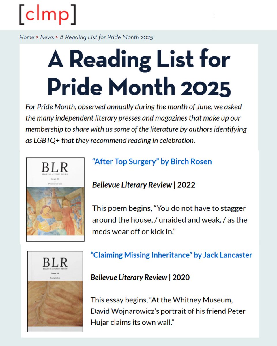 We are thrilled that two BLR pieces made <a href="/CLMPorg/">CLMP</a>'s  Reading List for Pride Month 2025! 🎉🌈 Congrats, Birch Rosen and Jack Lancaster!

Read their pieces along with the fantastic other writing on the list: clmp.org/news/a-reading…