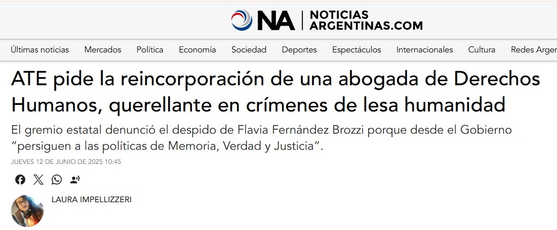 Lau Impellizzeri (@lauimpellizzeri) on Twitter photo Según <a href="/ATECapitalOk/">ATE Capital</a> el Gobierno Nacional presentó otro ataque contra las políticas de #MemoriaVerdadYJusticia. Mi nota de hoy para <a href="/NAagencia/">Noticias Argentinas</a> 👇🏽
noticiasargentinas.com/politica/ate-p… Según <a href="/ATECapitalOk/">ATE Capital</a> el Gobierno Nacional presentó otro ataque contra las políticas de #MemoriaVerdadYJusticia. Mi nota de hoy para <a href="/NAagencia/">Noticias Argentinas</a> 👇🏽
noticiasargentinas.com/politica/ate-p…