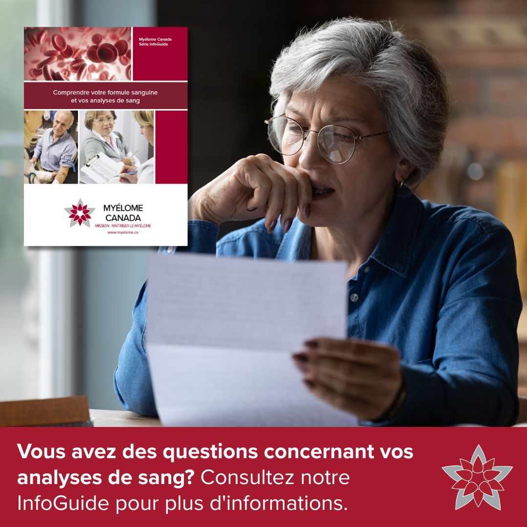 Si vous vous sentez dépassé par la terminologie et les chiffres affichés dans les résultats de vos analyses sanguines, vous n'êtes pas seul. 
Consultez l'InfoGuide de Myélome Canada « Comprendre votre formule sanguine et vos analyses de sang » : buff.ly/3ySJnZI