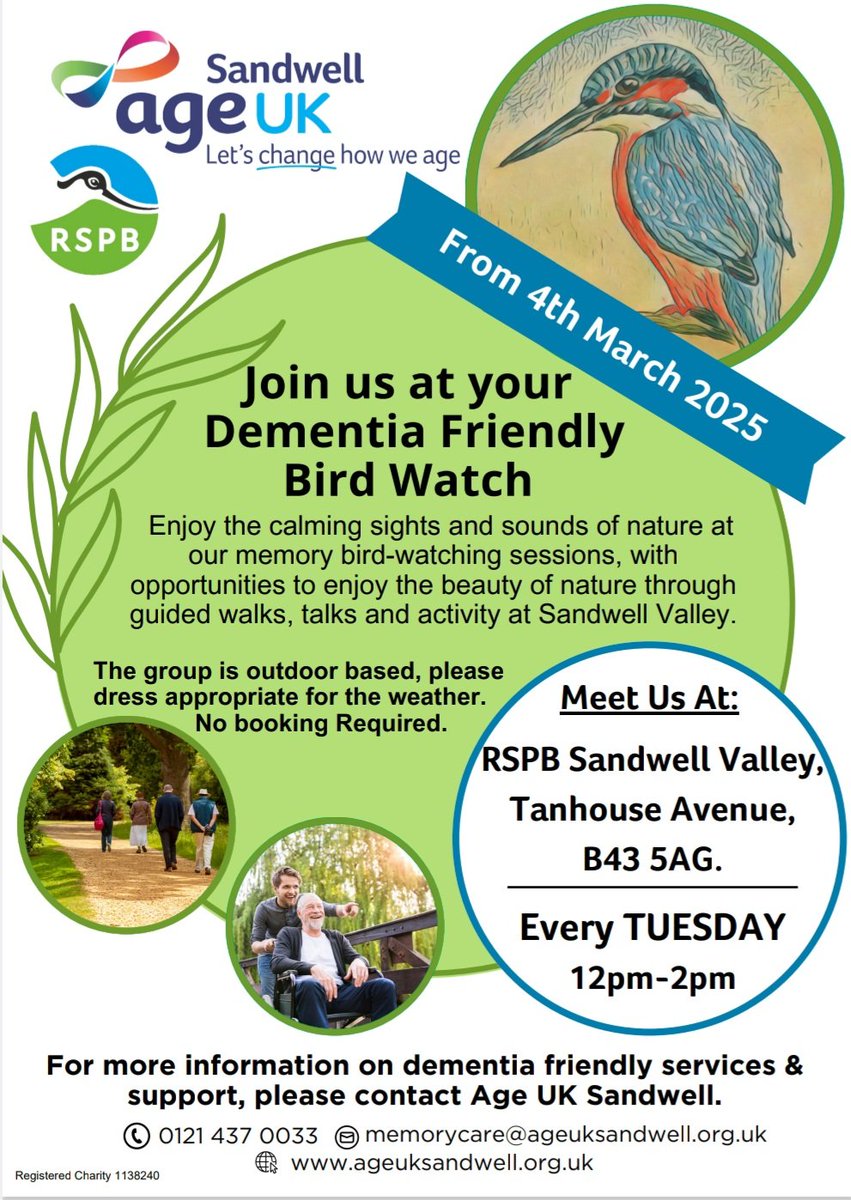 Age UK are running weekly dementia-friendly bird watches at RSPB Sandwell Valley 🦢🌳

This is designed for people living with dementia and their carers, but anyone is welcome. These birdwatches help to evoke old memories, as well as making new ones ✨️

More details below 👇