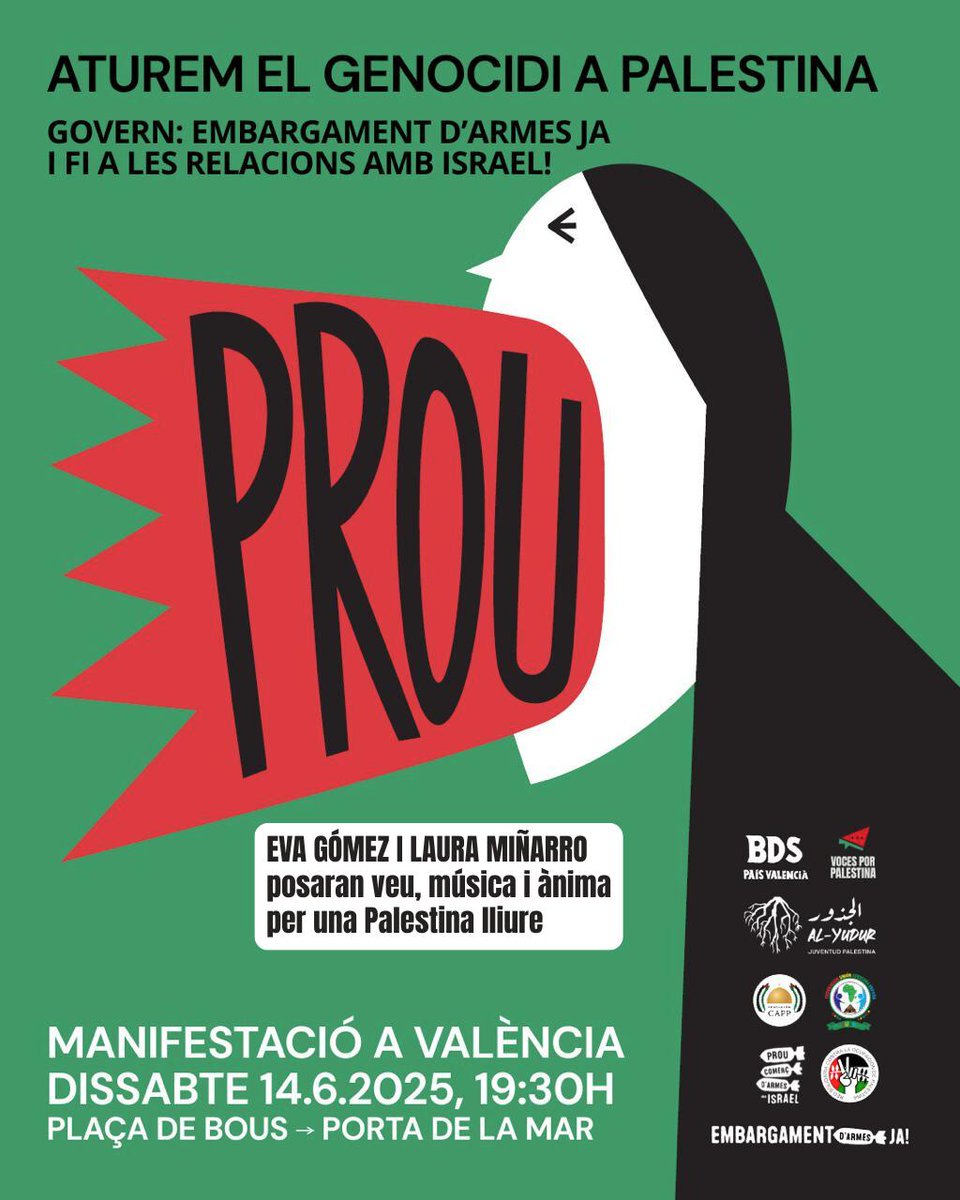🇵🇸 #BDS País Valencià (@bdspaisvalencia) on Twitter photo 📣 Pressionem més fort! El moment és ara‼️ Per la fi del genocidi i per la descolonització i l'alliberament de Palestina‼️
#EmbargoAIsraelYa
#StopArmesAmbIsrael
#CapPortPerAlGenocidi
#BoicotIsrael
#PalestinaLliure
<a href="/vocesporpal_vlc/">Voces Por Palestina</a>
<a href="/Fundacion_CAPP/">Fundacion CAPP</a>
<a href="/alyudur/">🔻Al-Yudur الجذور | Juventud palestina</a>
<a href="/CASAfrica/">CASAAfrica</a> 📣 Pressionem més fort! El moment és ara‼️ Per la fi del genocidi i per la descolonització i l'alliberament de Palestina‼️
#EmbargoAIsraelYa
#StopArmesAmbIsrael
#CapPortPerAlGenocidi
#BoicotIsrael
#PalestinaLliure
<a href="/vocesporpal_vlc/">Voces Por Palestina</a>
<a href="/Fundacion_CAPP/">Fundacion CAPP</a>
<a href="/alyudur/">🔻Al-Yudur الجذور | Juventud palestina</a>
<a href="/CASAfrica/">CASAAfrica</a>