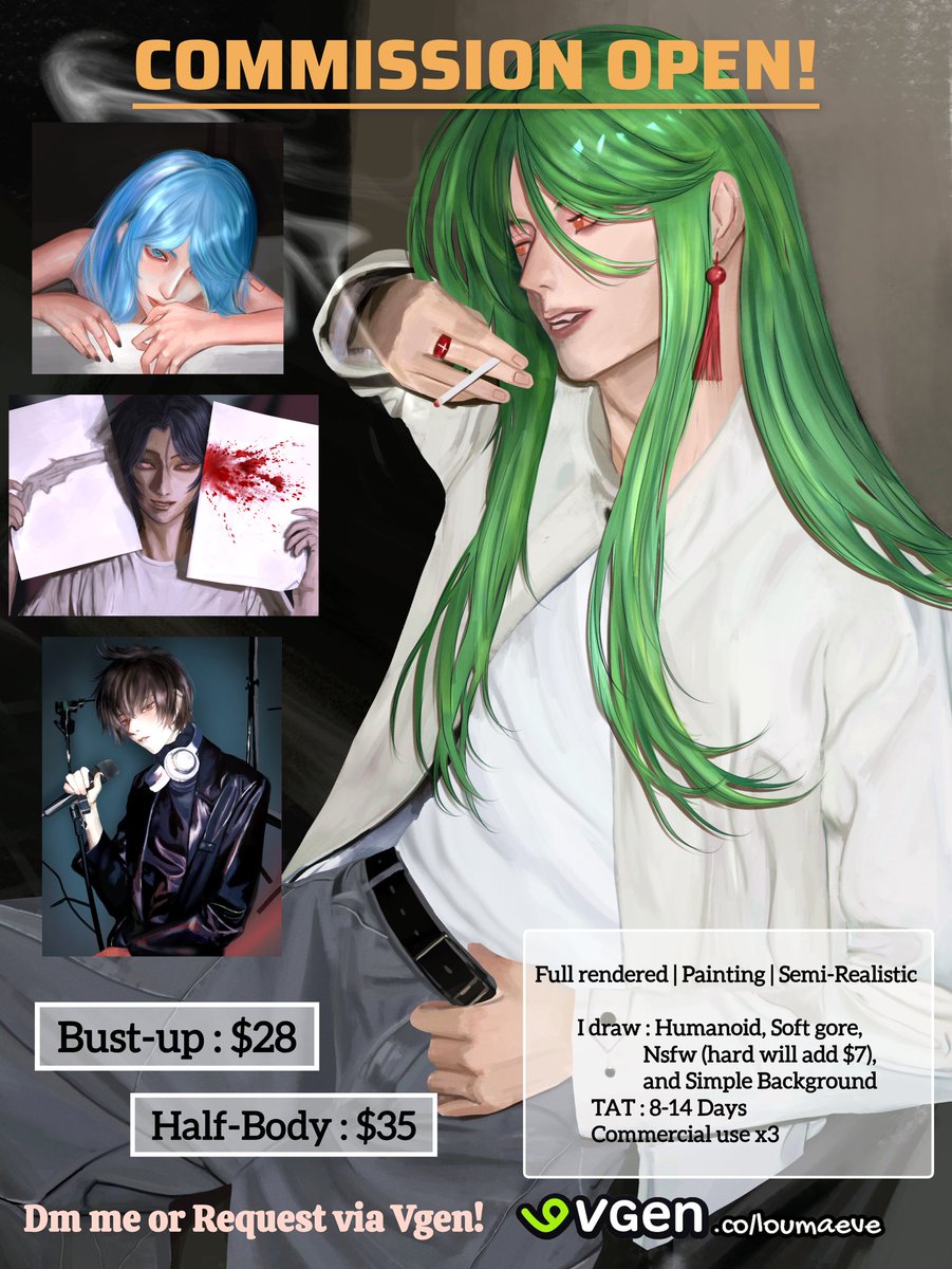 Hai y'all!, Commissions are OPEN! 
Wanna see your OCs look 100% cooler than you imagined? I got u୧⁠(⁠＾⁠ ⁠〰⁠ ⁠＾⁠)⁠୨

-vgen.co/loumaeve-

Re-X appreciated! 

#commissionsopen #Commission #vgen #vgencommission #oc #artcommissions #paintingart #semirealist