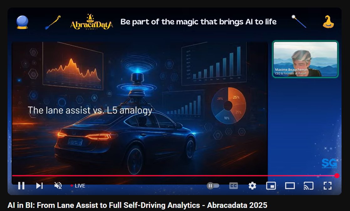 We are LIVE now! Join us sg1.run/abracadata-2025
<a href="/mistercrunch/">Maxime Beauchemin</a> is da house!