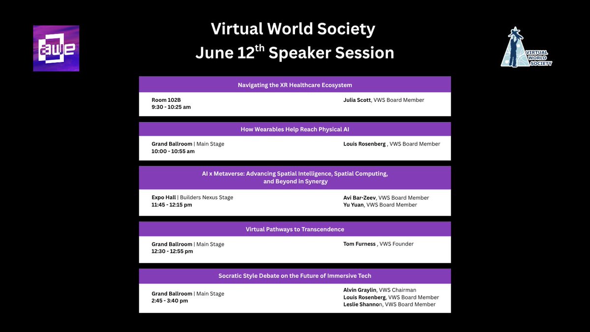 Virtual World Society leaders are back on stage to wrap up #AWE2025! 

✨ Join us for key talks on XR Healthcare, Physical AI, Wearables, Metaverse, Transcendence &amp; the future of immersive tech.

#XR #AI #Transcendence