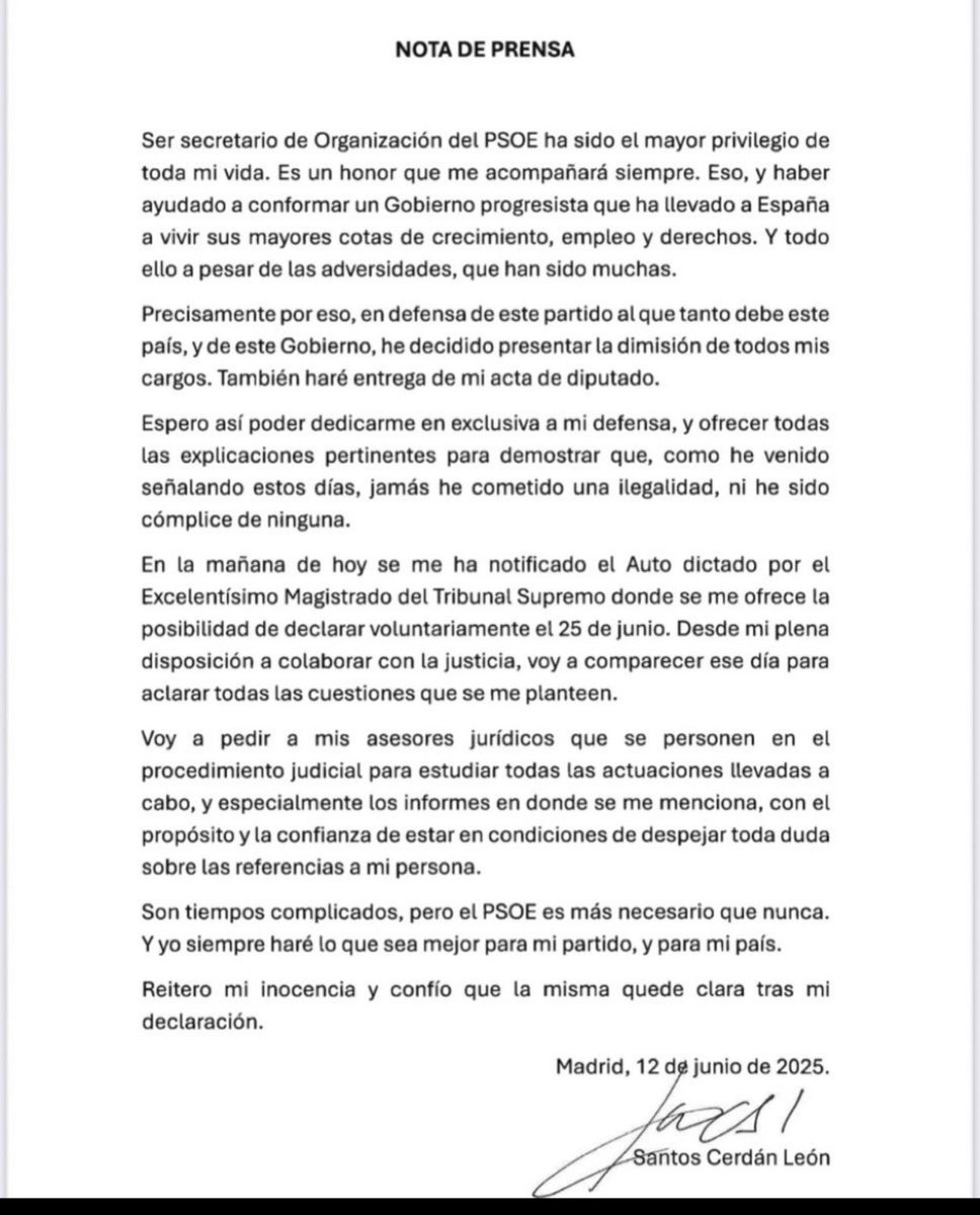 La carta de dimisión de Santos Cerdán. Una carta pactada con Sánchez para salvarle a saber a cambio de qué. Un golfo menos. Pero quedan muchos en el PSOE. El principal, el jefe Sánchez.