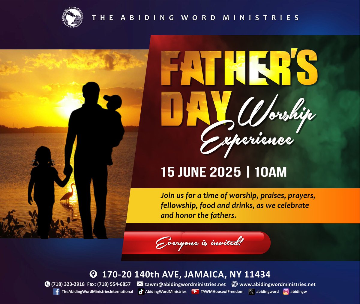 The Abiding Word Ministries Int'l (@abidingword) on Twitter photo Join us for a time of worship, praises, prayers, fellowship, food & drinks as we celebrate and honor our fathers.
๐ฆ๐จ๐ก๐๐๐ฌ, ๐ญ๐ฑ ๐๐จ๐ก๐, ๐ฎ๐ฌ๐ฎ๐ฑ | ๐ญ๐ฌ๐ฎ๐บ
๐ญ๐ณ๐ฌ-๐ฎ๐ฌ, ๐ญ๐ฐ๐ฌ๐๐ต ๐๐๐ฒ๐ป๐๐ฒ, ๐๐ฎ๐บ๐ฎ๐ถ๐ฐ๐ฎ, ๐ก๐ฌ ๐ญ๐ญ๐ฐ๐ฏ๐ฐ
#fathersday #father #fatherhood #celebrate Join us for a time of worship, praises, prayers, fellowship, food & drinks as we celebrate and honor our fathers.
๐ฆ๐จ๐ก๐๐๐ฌ, ๐ญ๐ฑ ๐๐จ๐ก๐, ๐ฎ๐ฌ๐ฎ๐ฑ | ๐ญ๐ฌ๐ฎ๐บ
๐ญ๐ณ๐ฌ-๐ฎ๐ฌ, ๐ญ๐ฐ๐ฌ๐๐ต ๐๐๐ฒ๐ป๐๐ฒ, ๐๐ฎ๐บ๐ฎ๐ถ๐ฐ๐ฎ, ๐ก๐ฌ ๐ญ๐ญ๐ฐ๐ฏ๐ฐ
#fathersday #father #fatherhood #celebrate