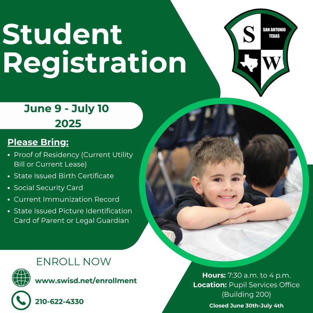 Student Registration June 9-July 10 Building 200 Main District Office. See flyer for information
