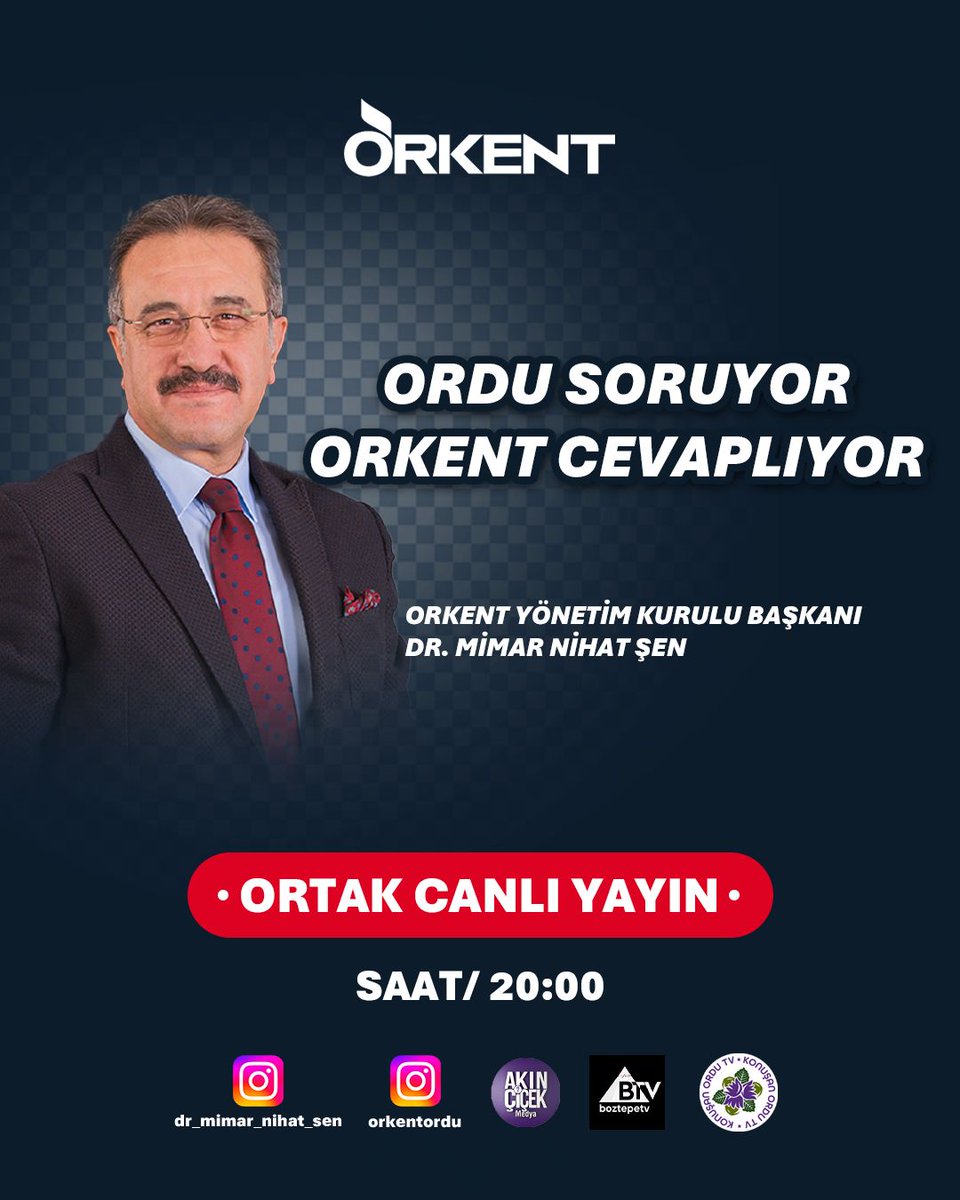 kent52 (@kent52com) on Twitter photo 📣 Ordu Merak Ediyor, ORKENT Cevaplıyor!
ORKENT Yönetim Kurulu Başkanı Dr. Mimar Nihat Şen, Ordu’nun nabzını tutmaya geliyor!
🔴 Ortak Canlı Yayın
▫️Boztepe TV | Konuşan Ordu TV | Akın Çiçek Medya
🕗 Saat: 20.00
🔎 Şehrin geleceği bu yayında konuşulacak.
#OrduSoruyor #ORKENT 📣 Ordu Merak Ediyor, ORKENT Cevaplıyor!
ORKENT Yönetim Kurulu Başkanı Dr. Mimar Nihat Şen, Ordu’nun nabzını tutmaya geliyor!
🔴 Ortak Canlı Yayın
▫️Boztepe TV | Konuşan Ordu TV | Akın Çiçek Medya
🕗 Saat: 20.00
🔎 Şehrin geleceği bu yayında konuşulacak.
#OrduSoruyor #ORKENT