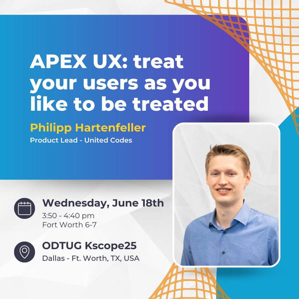 United Codes (@united_codes) on Twitter photo π― Don't let your #orclapex apps frustrate users! Join <a href="/phartenfeller/">Philipp Hartenfeller</a> at <a href="/odtug/">Oracle Developer & Technology User Group (ODTUG)</a> #Kscope25 to learn to
β
Avoid common UX pitfalls in #lowcode development
β
See your app through users' eyes
β
Master color, structure & data display best practices
π wllw.co/LEZTInTKS π― Don't let your #orclapex apps frustrate users! Join <a href="/phartenfeller/">Philipp Hartenfeller</a> at <a href="/odtug/">Oracle Developer & Technology User Group (ODTUG)</a> #Kscope25 to learn to
β
Avoid common UX pitfalls in #lowcode development
β
See your app through users' eyes
β
Master color, structure & data display best practices
π wllw.co/LEZTInTKS