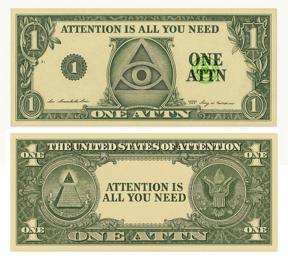 Check out this cool twist on a $1 bill! 'ONE ATTN' and 'ATTENTION IS ALL YOU NEED' – a nod to the future of value!  <a href="/ATTNtoken/">Attention 👁️</a>
 <a href="/GiveRep/">GiveRep</a>
 #Web3 #Crypto"