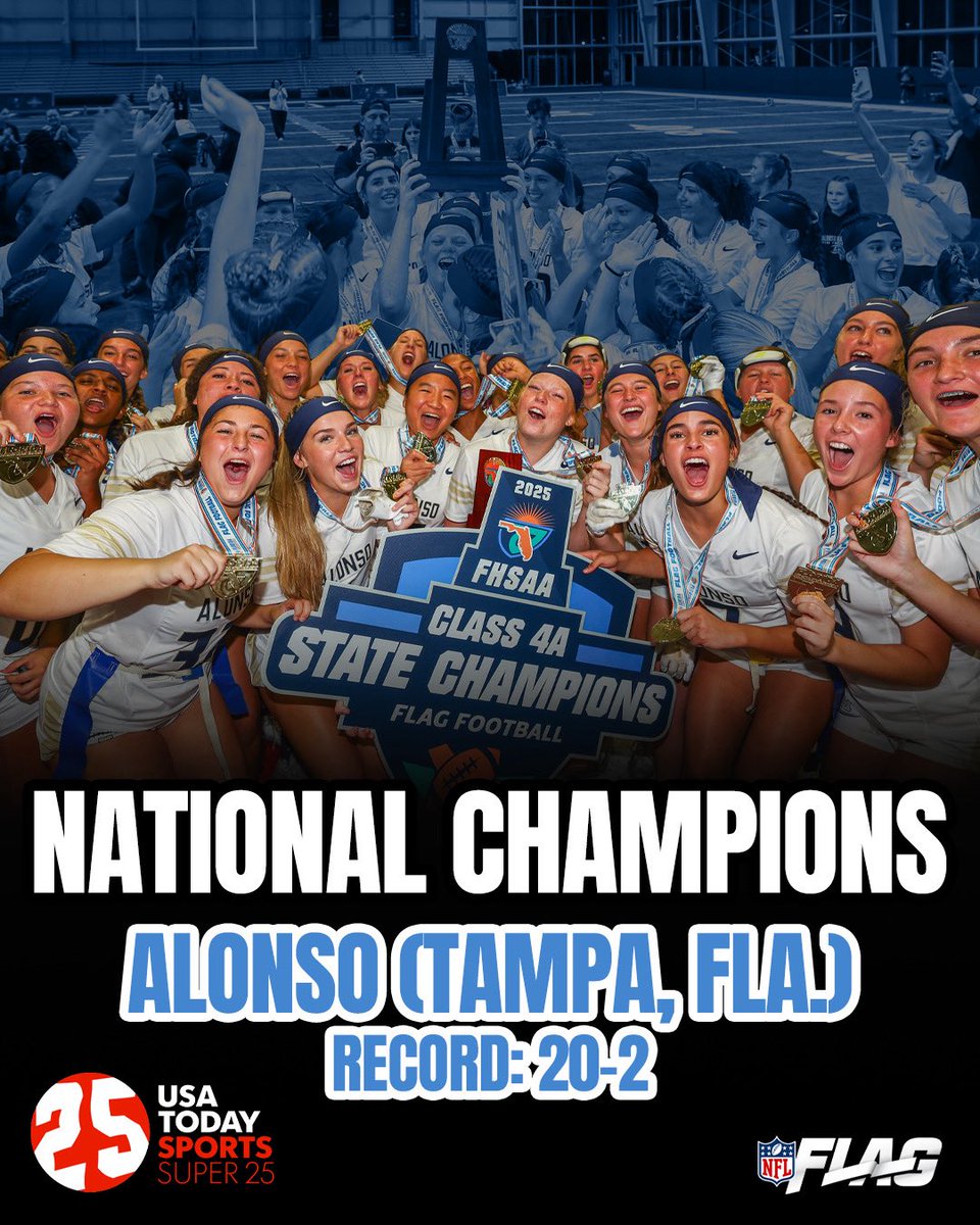 Congratulations to the Alonso (Tampa) girls flag football team! The Ravens are the 2025 USA TODAY Sports Super 25 national champs. <a href="/NFLFLAG/">NFL FLAG</a> <a href="/NFL/">NFL</a>