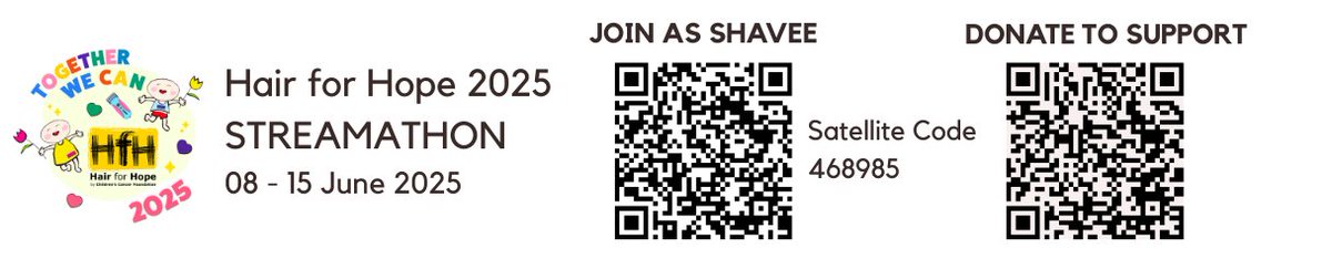 Friday and Saturday's streams are in support of Hair for Hope, an event organised by the Children's Cancer Foundation!

If you'd like to support the cause, go here: hairforhope.org.sg/fundraising/sa…

If you're a real champ and you'd like to register as a shavee, use Satellite Code 468985!