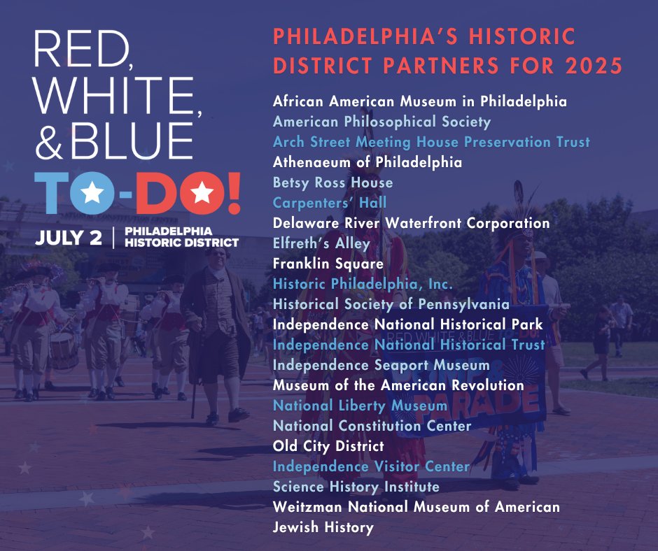 The Red, White, and Blue To-Do is back for 2025, and it’s bigger and better than ever! Join 21+ museums, historic sites, and local businesses in Philly’s Historic District on July 2 for the Pomp &amp; Parade, live music, restaurant specials and more.

🎆: bit.ly/3RoLu5j