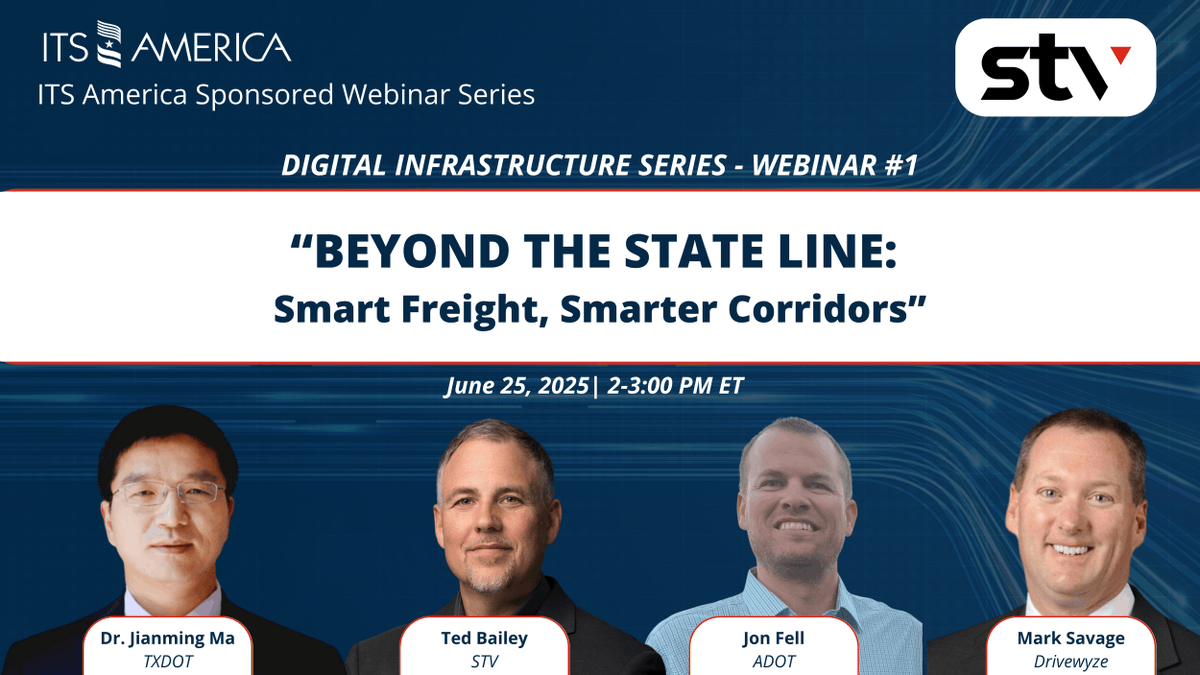 Join us for the first session in STV's Digital Infrastructure Webinar Series! This kickoff session will show how TX &amp; ADOT are improving cross-border system alignment, create a national model for corridor-scale digital infrastructure, &amp; more. 

➡️ itsa.org/event/digital-…