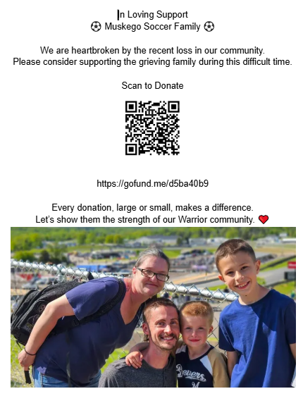 GAMEDAY but opportunity for more! 
4PM, Home Game vs Franklin — Come out for some great playoff soccer!

At the entrance we’ll also have a QR code for GOFUNDME to support a local family as they navigate an unimaginable challenge. Every bit of support matters. Person > Player