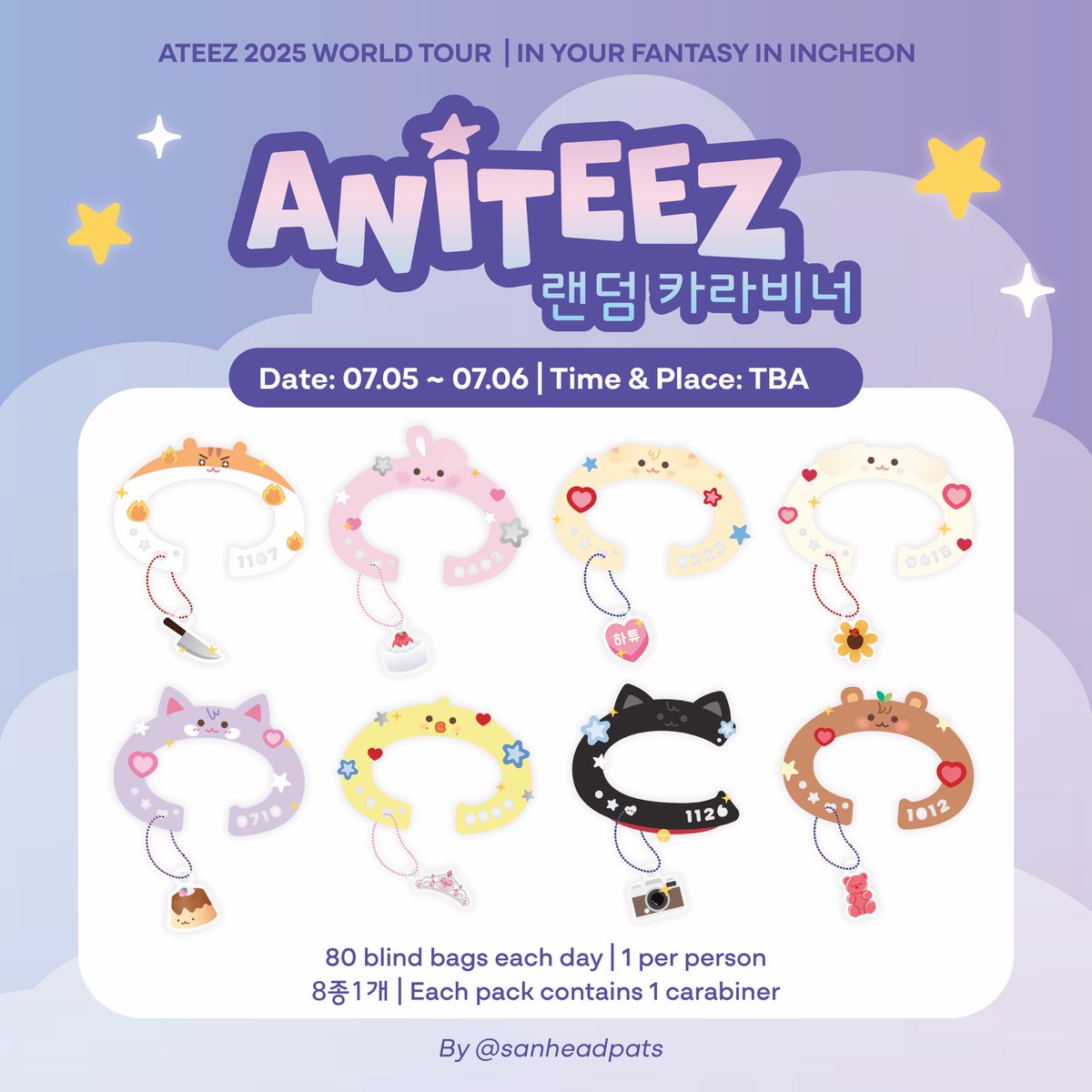 sanheadpats's tweet photo. ATEEZ IN YOUR FANTASY INCHEON

🏴‍☠️ 에이티즈 나눔 공지 🏴‍☠️

⭐️ 에니티즈 랜덤 카라비너 나눔
// ANITEEZ random carabiner freebie ⭐️

일시 : 7/5~7/6
장소 : 당일공지
수량 : 160 (일당 80개)

많은 관심 부탁드려요 💜 https://t.co/3hsxaM3QWq