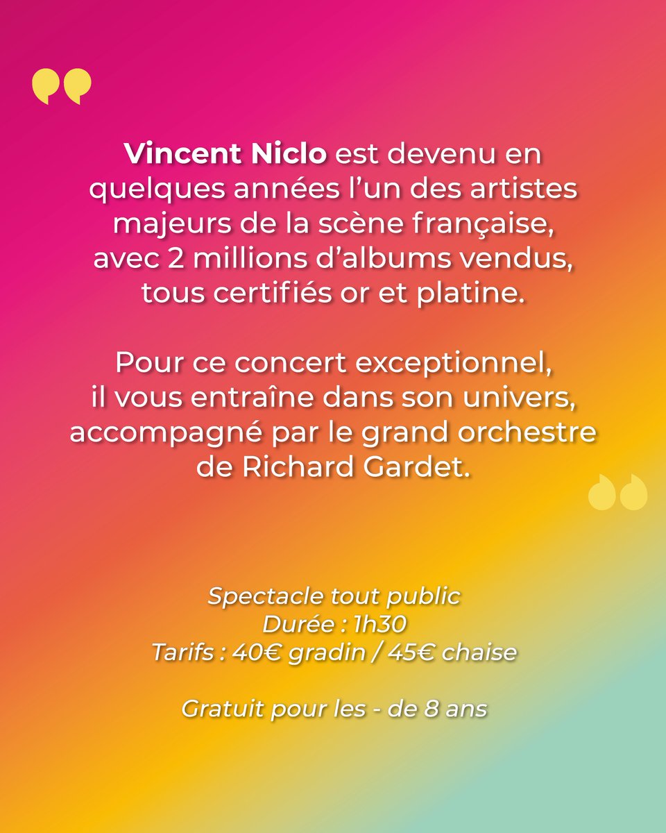 VdeCarqueiranne's tweet photo. ✨  VINCENT NICLO ET LE RICHARD GARDET ORCHESTRA ✨

📅 Jeudi 3 juillet
🕘 21h – Auditorium de Clair-Val
🎟️ Tarifs :
• 40 € en gradin
• 45 € en chaise
👶 Gratuit pour les – de 8 ans

ℹ️ Infos et billetterie : https://t.co/1F02CemZKT

#mycarqueiranne  #carqueiranne https://t.co/hWhnKuT6Tc