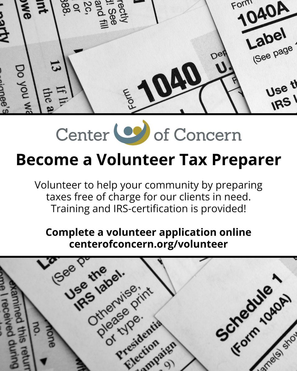 Become a volunteer tax preparer for Center of Concern! Volunteer to help your community by preparing taxes free of charge for our clients in need. Training and IRS-certification is provided!

Complete a volunteer application online at centerofconcern.org/volunteer