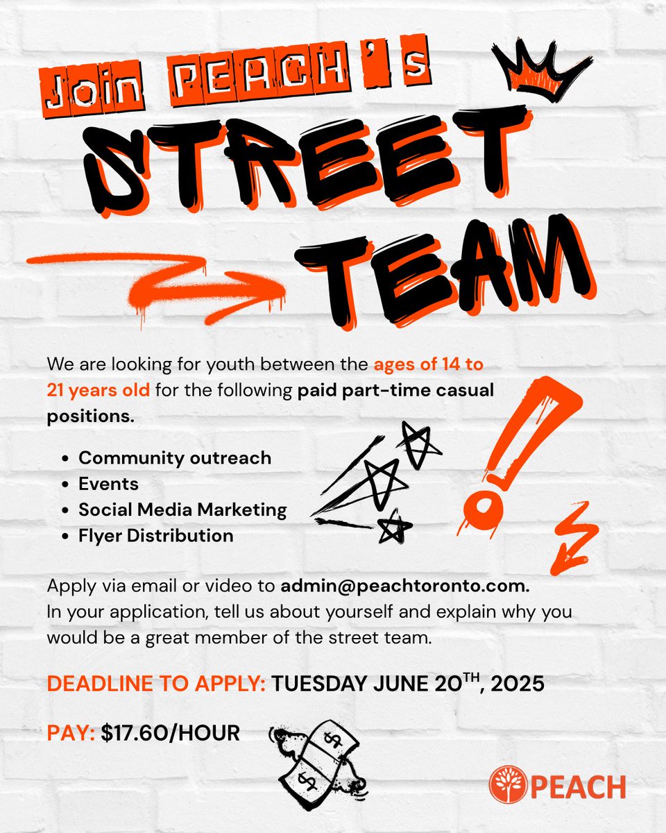 PEACH is hiring YOUTH!
PEACH cares about creating summer employment opportunities for youth. Join our STREET TEAM! Ages between14-21.

💸 $17.60/hour
📅 Apply by June 20th, 2025
📧 admin@peachtoronto.com

#YouthJobs #FirstJob #SummerWork #CommunityImpact #PEACHStreetTeam #Hiring