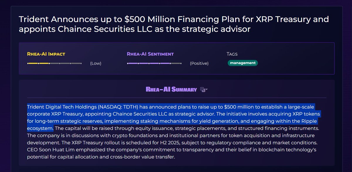 Trident Digital Tech Holdings (NASDAQ) announces $500MILLION to establish XRP Treasury Reserve!

🔥🔥🔥