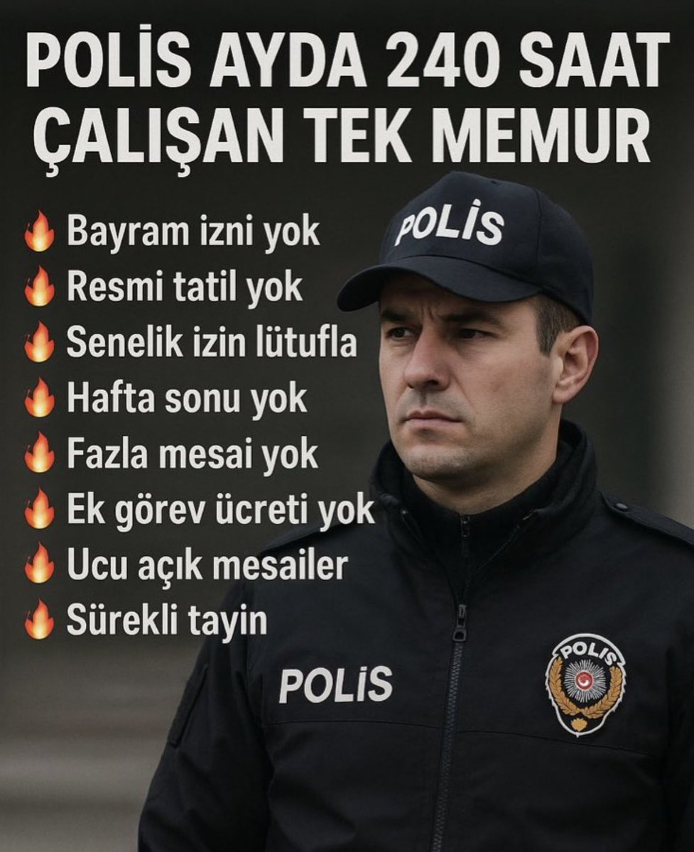 Polislerimizin çalışma koşulları çok ağır

Muhalifler düşman
Hükümet de nasıl olsa cepte gözüyle bakıyor umursamıyor

Medyada İzmir'deki hırt işçiler kadar bile dile getirilmiyor

#PolisÇözümBekliyor
