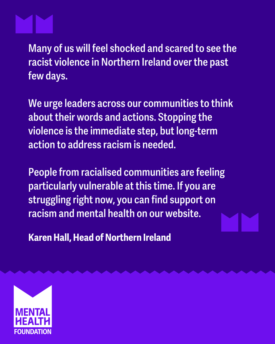 We’re incredibly concerned by the racist violence taking place in Northern Ireland.

It's normal to feel upset or anxious witnessing situations like these, so if you are struggling, you can find support on racism and mental health here: 

mentalhealth.org.uk/explore-mental…