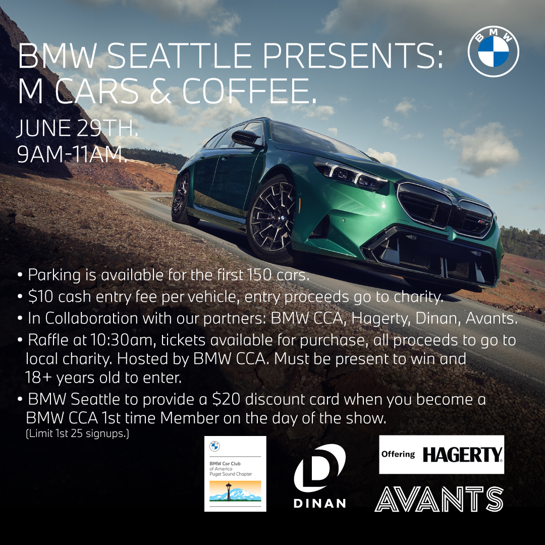 BMWSeattle's tweet photo. Get ready, Seattle! Join us on June 29th from 9am to 11am for M Cars &amp; Coffee at BMW Seattle! ☕🏁

Bring your ride, sip some coffee, and connect with fellow enthusiasts—all for a good cause. https://t.co/6gEIXUP7G3