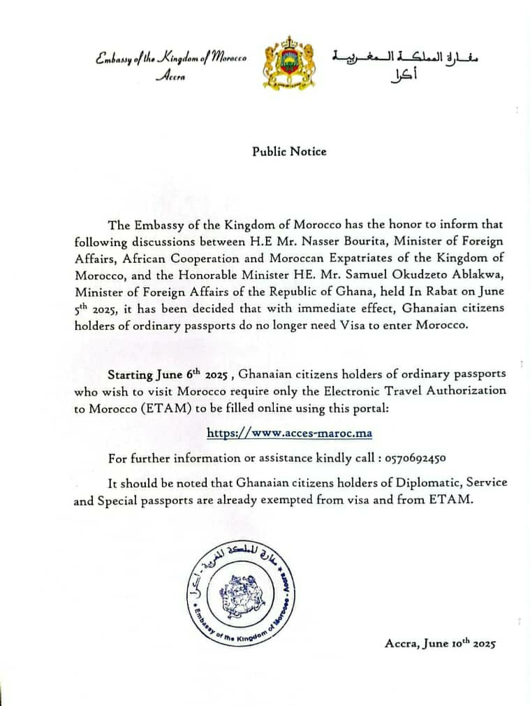 S_OkudzetoAblak's tweet image. The Moroccan Embassy in Accra confirms it has commenced the No Visa Policy for holders of Ghanaian Ordinary Passports following the recent agreement I initiated.

You all enjoy your trips to beautiful Morocco. 

Let&apos;s build a borderless Africa.

For God and Country 🇬🇭 🙏🏾
