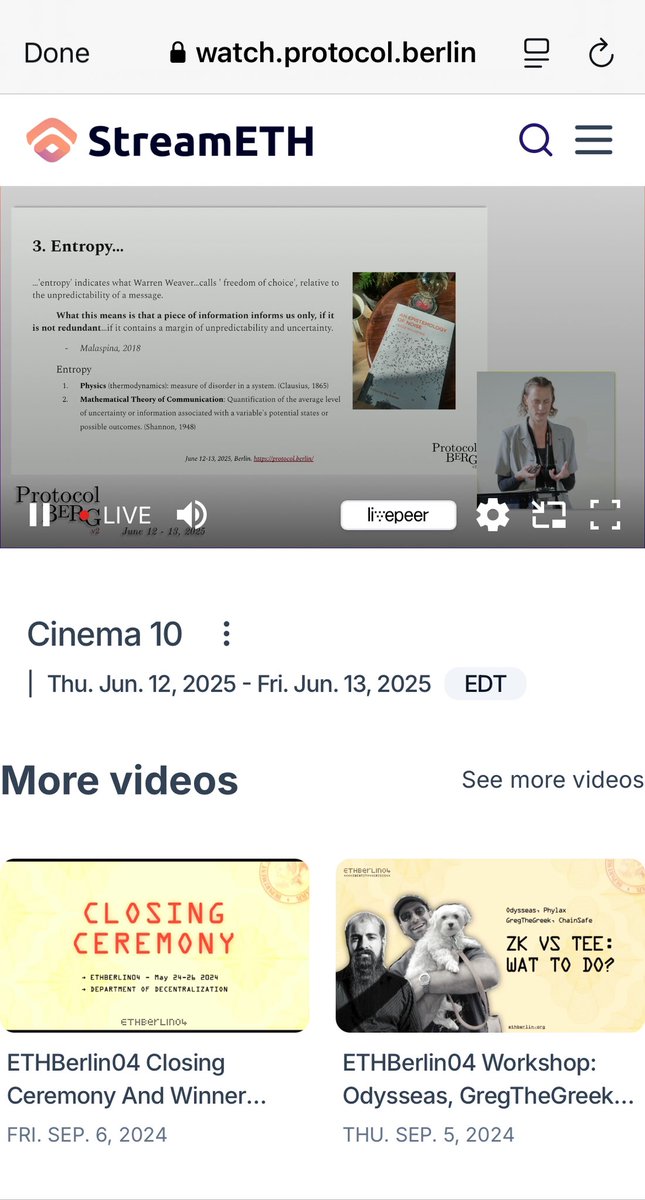 Not in Berlin but watching <a href="/protocol_berg/">Protocol Berg v2</a> live and seamlessly on mobile thanks to beautiful video UI by <a href="/streameth/">StreamETH</a> (powered by <a href="/Livepeer/">Livepeer</a>) 

Love seeing the Protocol Berg archives too ✨