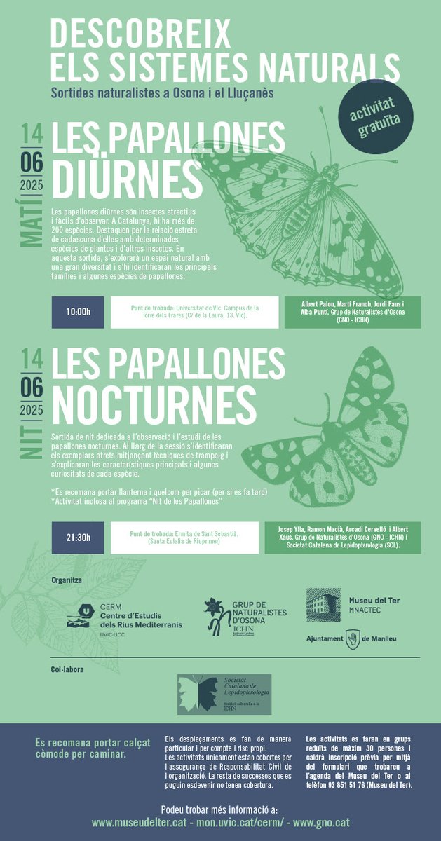 🗓️Aquest dissabte dia 14 de juny el dedicarem a les papallones! A les 10 h us esperem al campus de la Torre dels Frares per començar l'activitat de papallones diürnes🦋 Al vespre, a les 21:30 h, serà el torn d'investigar les nocturnes a l'ermita de Sant Sebastià, a Riuprimer!🌖
