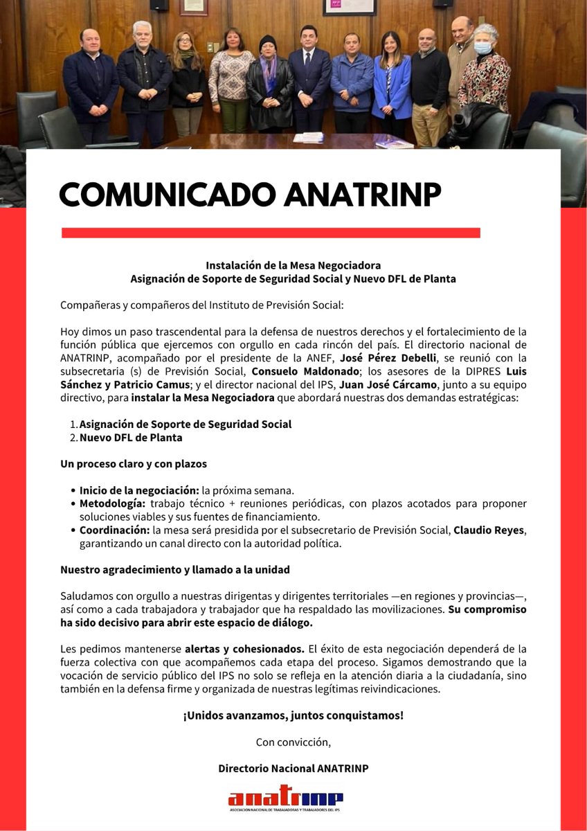 💪ANATRINP, con ANEF como garante, instala Mesa Negociadora Asignación de Soporte de Seguridad Social y Nuevo DFL de Planta.

#ANEF #ANATRINP