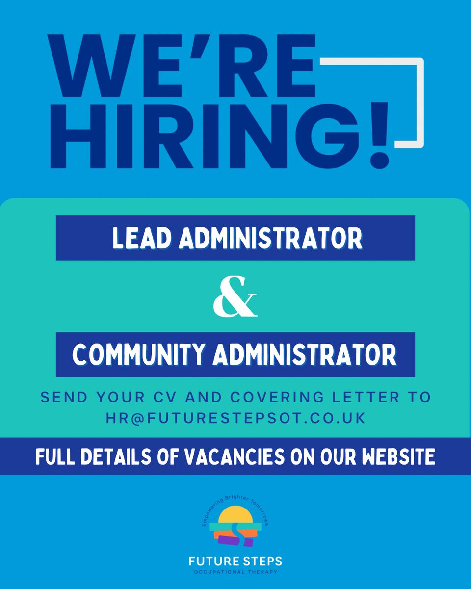 🚨 We’re Hiring! 🚨

Future Steps Occupational Therapy is on the lookout for two fantastic new team members to join our admin team! 📑✨

👉 Full details for both vacancies can be found on our website: futurestepsot.co.uk/careers

Tag a friend who might be perfect for this! 📲