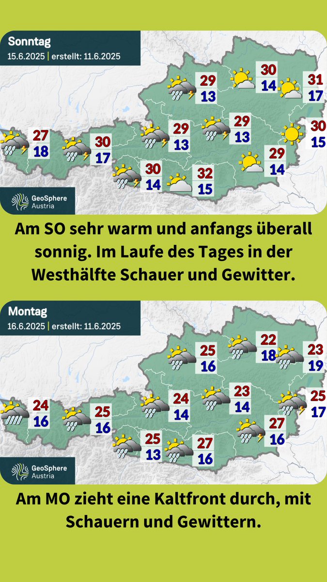 GeoSphere_AT's tweet image. #Wetter #Trend #Österreich: Bis Samstag überall sonnig und sehr warm bis heiß, höchstens vereinzelte Gewitter. Am Sonntag in der Westhälfte Österreichs Schauer und Gewitter, am Montag auch in der Osthälfte. Ab Dienstag wahrscheinlich wieder überall sonnig. bit.ly/3EjRAQI