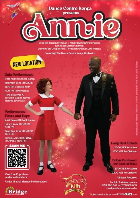 Happening This Weekend! Dance Centre Kenya proudly presents Annie, the timeless tale of hope, courage, and finding family. 🌟

📍 West Nairobi School 
🗓️ June 13–15, 2025
🎟️ Buy tickets: kenyabuzz.com/events/event/a…

#AnnieNairobi #DanceCentreKenya  #MusicalMagic
