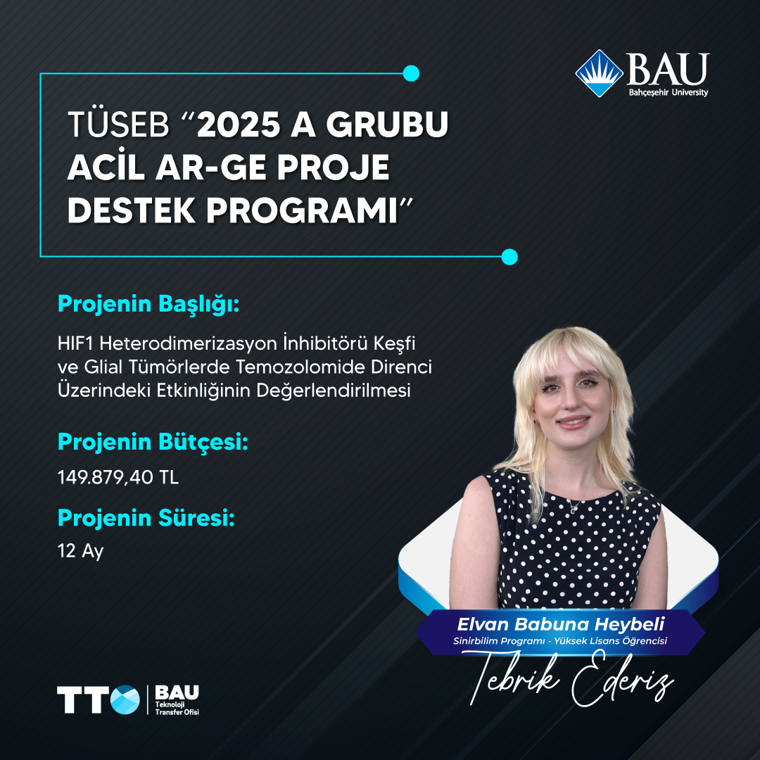 📢TÜSEB 2025 “A Grubu Acil Ar-Ge Proje Destek Programı” değerlendirme sonuçları kapsamında Doç. Dr. Timucin Avsar'ın danışmanlığında BAU Lisansüstü Eğitim Enstitüsü öğrencimiz Elvan Babuna Heybeli’nin projesi desteklenmeye hak kazandı!

📰 Haberin Devamı;
tto.bau.edu.tr/yuksek-lisans-…