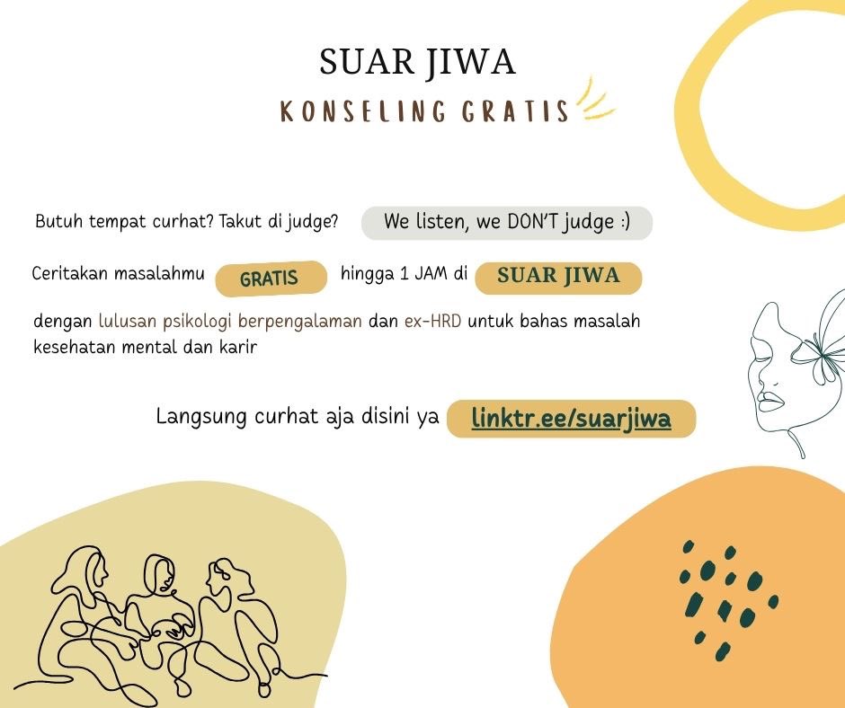 Suar Jiwa Konseling Gratis! 🌻🌞

Butuh tempat curhat tanpa ngerasa di judge? Kami dengerin cerita kamu sampe 1 jam, iya gratis! Dilayani dengan lulusan psikologi berpengalaman dan ex-HRD untuk bahas masalah kesehatan mental dan karir

Yuk klik linktr.ee/suarjiwa buat mulai!