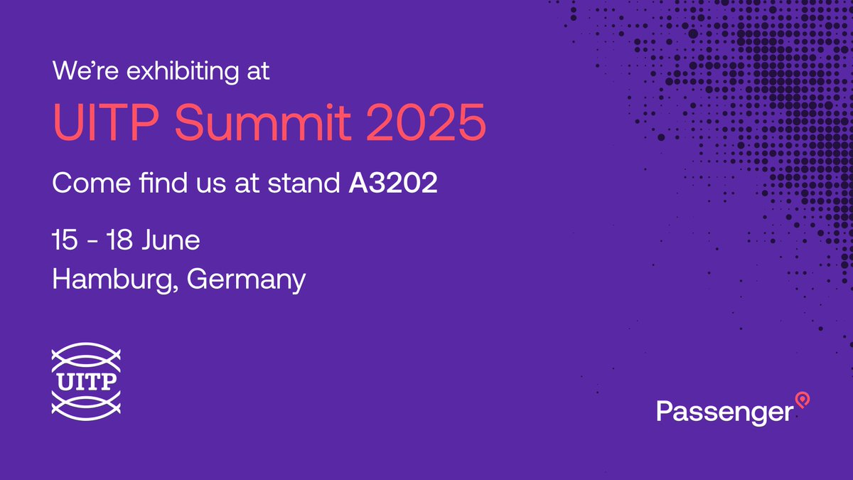 We're excited to announce that we'll be exhibiting at the UITP Summit, Hamburg, from 15-18 June!

With 10,000+ visitors, and 335 exhibitors from 110 countries, this year's summit will be huge!

Visit us on stand A3202 in Hall A2. See you there! 🌍👋 passenger.tech/events/uitp-su…