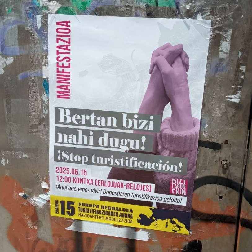 La turistificación de #Donostia ataca y perjudica nuestras vidas en muchos aspectos. Urge tomar el camino del #DecrecimientoTurístico y cambiar el modelo de ciudad. Las y los donostiarras organizados somos conscientes de ello.
¡Tomemos las calles!

15.06.2025 Kontxa 12:00