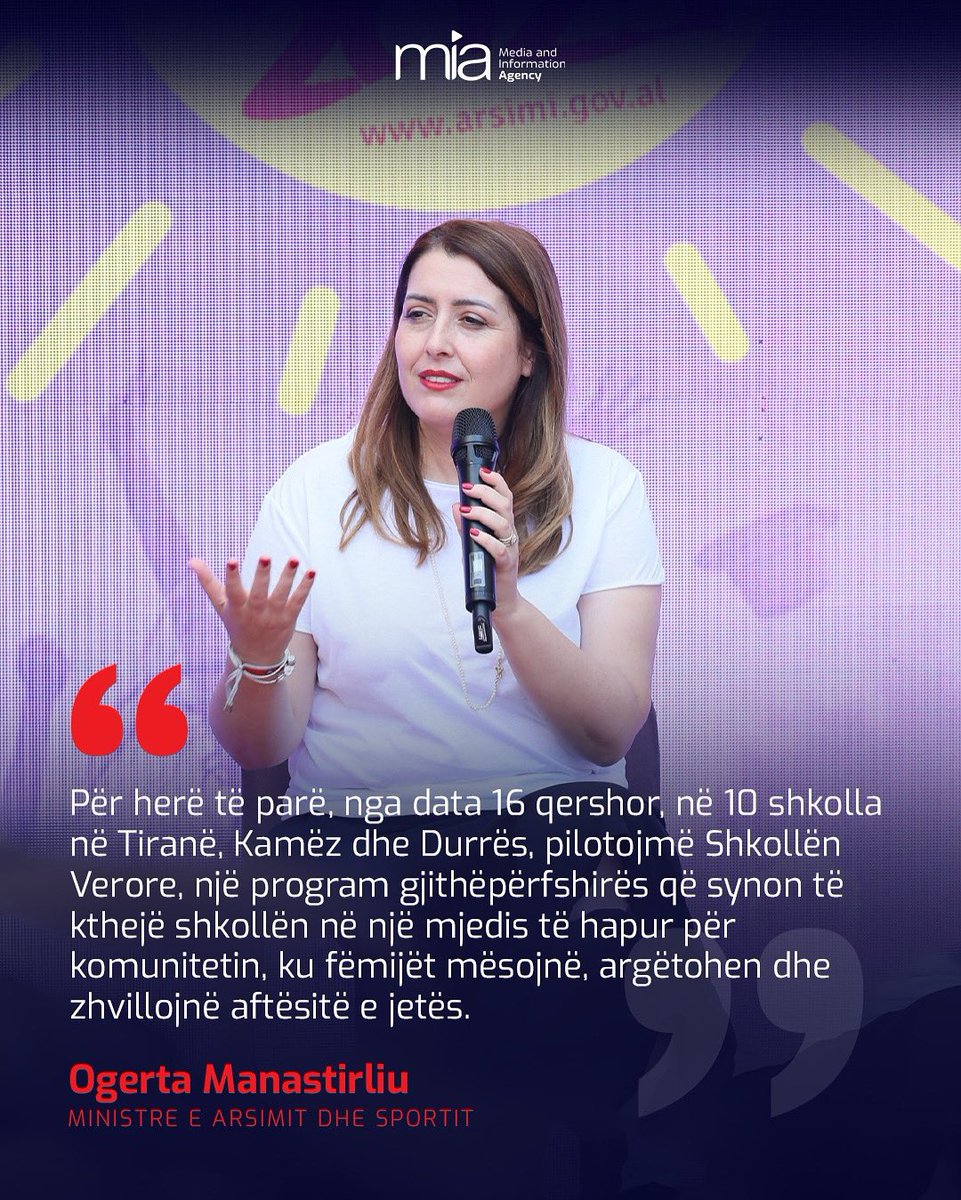 Ministrja e Arsimit dhe Sportit, Ogerta Manastirliu në prezantimin e modelit të ri të Shkollës Verore 2025.