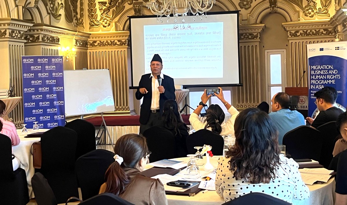 IOMnepal's tweet photo. Under #MBHR Asia Program, IOM Nepal organized capacity building training for labour recruiters, enhancing their understanding of access to justice & ethical recruitment. FET's Attorney Ram Kumar Thapa highlighted corporate grievance mechanism role in addressing workers' issues. https://t.co/GpKAxTDY2I