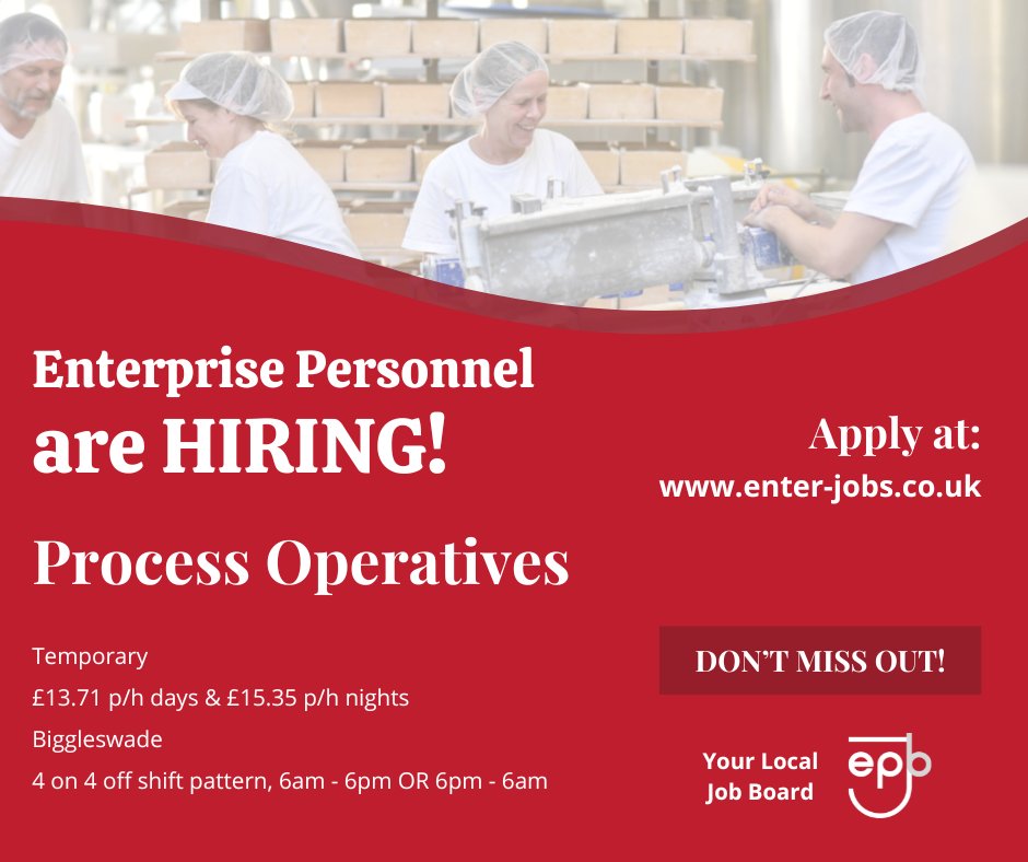 EnterJobs's tweet image. Enterprise Personnel's client are looking for Process Operatives to work at their site in Biggleswade.
Apply now via our website! 

#processoperatives #packingjobs #packingprocess #productionprocess #dayshifts #nightshifts #4on4off #4on4offjobs #biggleswade #bedfordshire