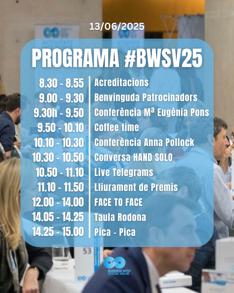 Business with Social Value (@bwsocialvalue) on Twitter photo Demà és el #BWSV i aquí tens el programa!💥
Amb conferències de <a href="/eponsdg/">Mª Eugenia Pons de Gironella</a>, <a href="/PembridgeAnna/">Anna Pollock</a> i <a href="/handsolooficial/">Hand Solo</a>.
Una taula rodona sobre economia blava amb <a href="/noe_ona/">Noe_Ona</a>, Marc García-Durán, Manel Martín Pascual i <a href="/gloriaayuso/">Gloria Ayuso</a>.
🤝I el Face to Face: reunions clau per generar oportunitats! Demà és el #BWSV i aquí tens el programa!💥
Amb conferències de <a href="/eponsdg/">Mª Eugenia Pons de Gironella</a>, <a href="/PembridgeAnna/">Anna Pollock</a> i <a href="/handsolooficial/">Hand Solo</a>.
Una taula rodona sobre economia blava amb <a href="/noe_ona/">Noe_Ona</a>, Marc García-Durán, Manel Martín Pascual i <a href="/gloriaayuso/">Gloria Ayuso</a>.
🤝I el Face to Face: reunions clau per generar oportunitats!