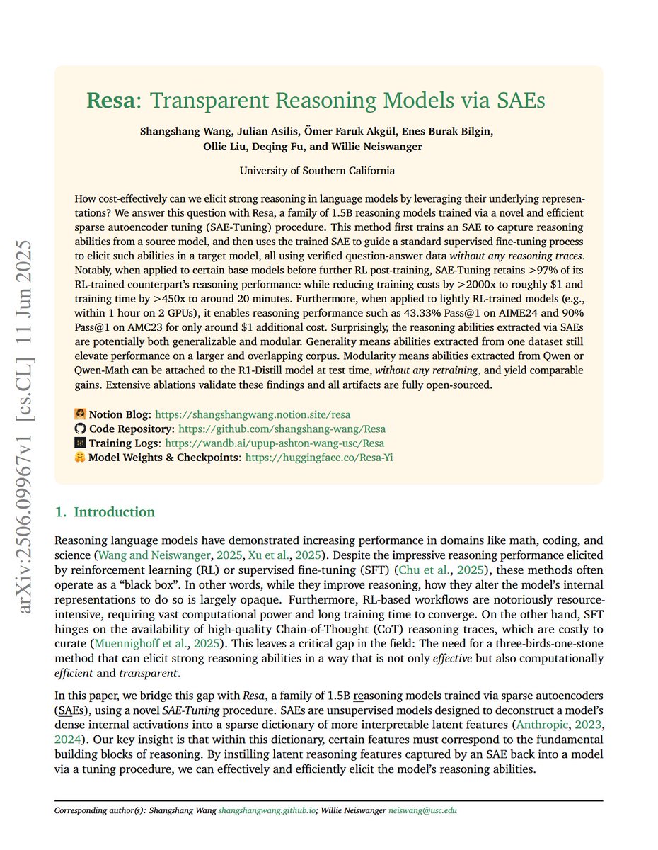 Resa: Transparent Reasoning Models via SAEs

"Specifically, SAE-Tuning involves two key stages: First, we use an SAE to probe the internal activations of a source model, identifying and extracting a dictionary of latent features that correspond to its reasoning processes. Second,