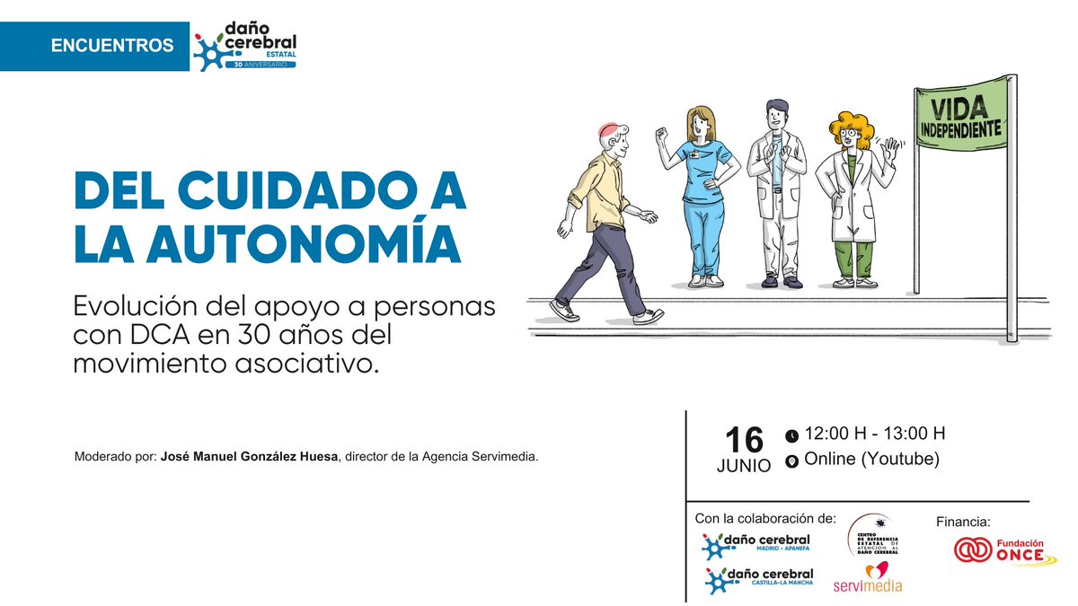 ENCUENTROS DAÑO CEREBRAL | Del cuidado a la autonomía personal: evolución del apoyo a personas con DCA en 30 años del movimiento asociativo  

📆 lunes 16 de junio
🕐12:00 - 13:00h 

Retransmitido en directo en el canal de Youtube de <a href="/ServimediaLive/">Servimedia directos</a> 

fedace.org/encuentro-dano…
